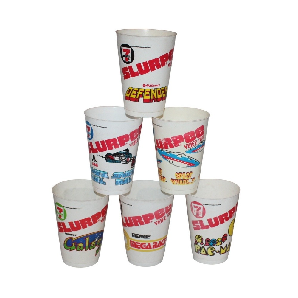 6 vintage 7-Eleven Slurpee Arcade Video Game plastic cups Pac-Man Galaga lot
